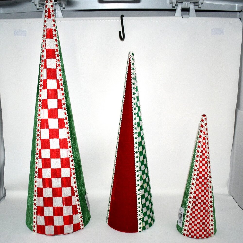 MacKenzie Childs Check It Out Fabric Cone Trees, Set of 3, #35800-1091 NWT